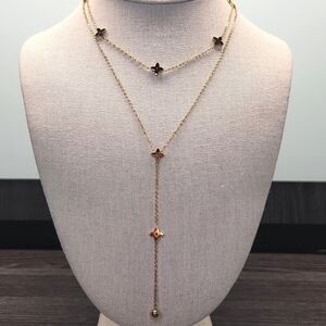 18k Gold Plated Stainless Steel Double Chain Clover/ Flower Necklace, Drop Chain